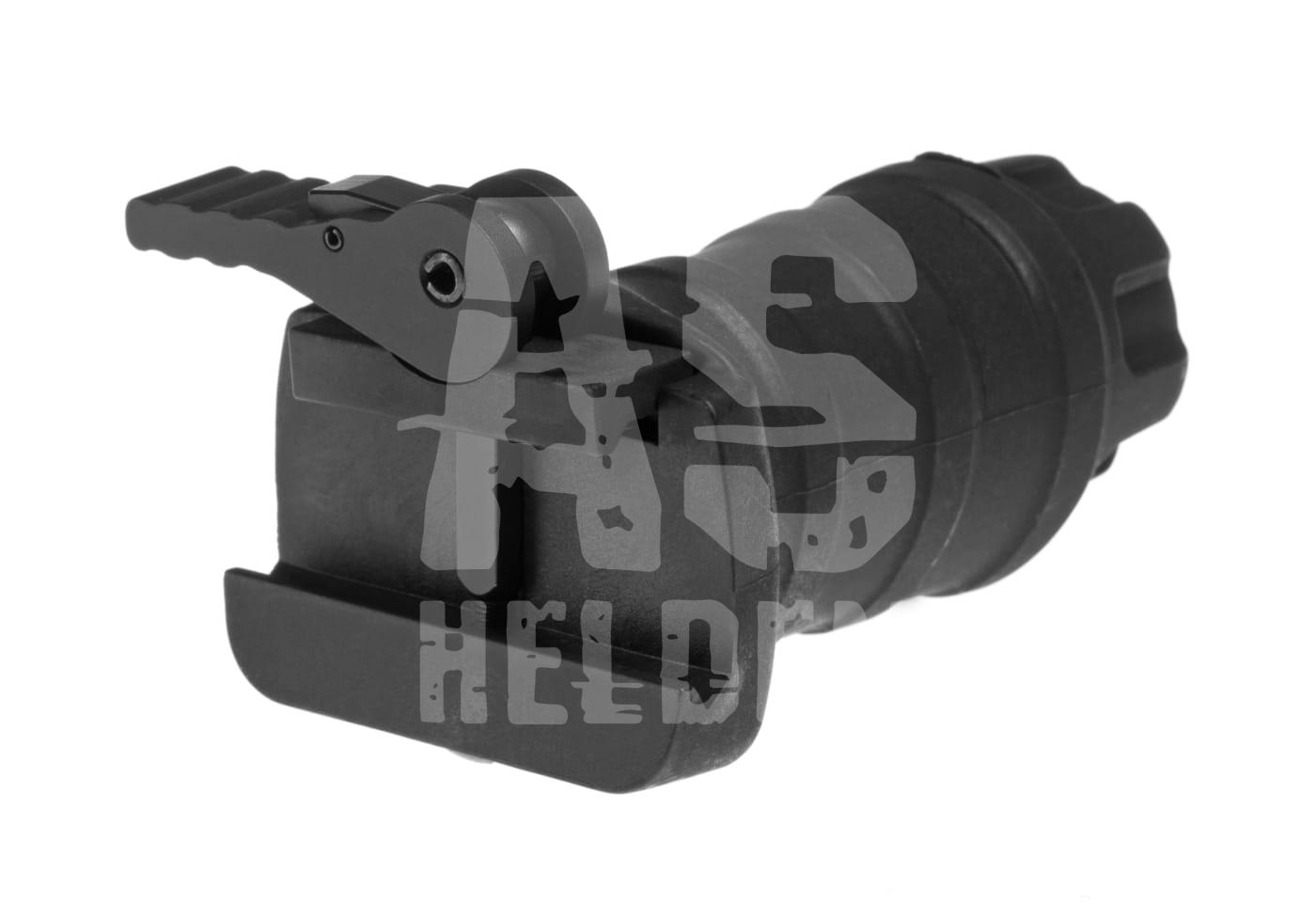 Schwarzer Airsoft-Magazin-Konversionsadapter mit Klappmechanismus.