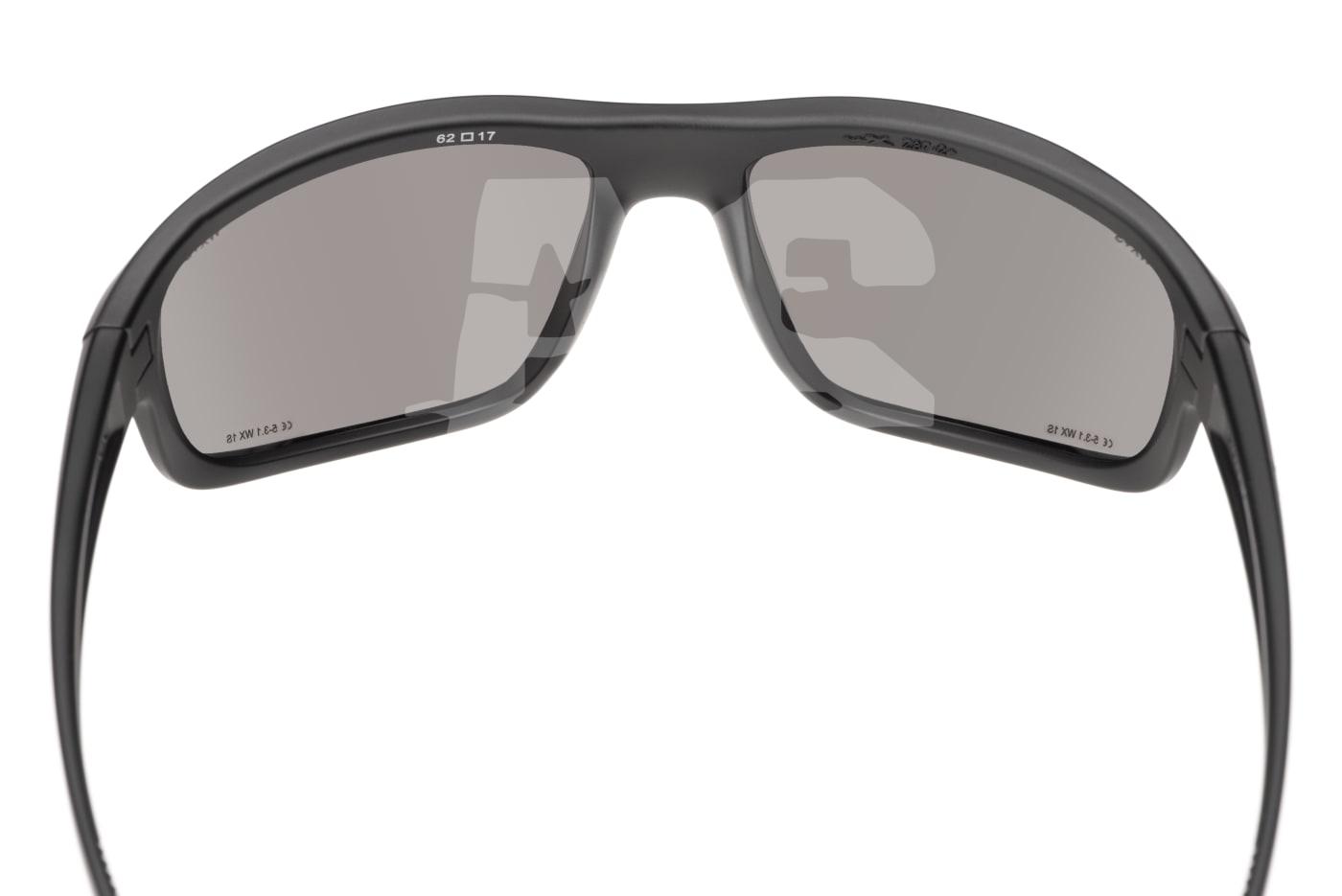 Schutzbrille mit grauen Gläsern, schwarzem Rahmen, Rückansicht. Ideal für Airsoft.
