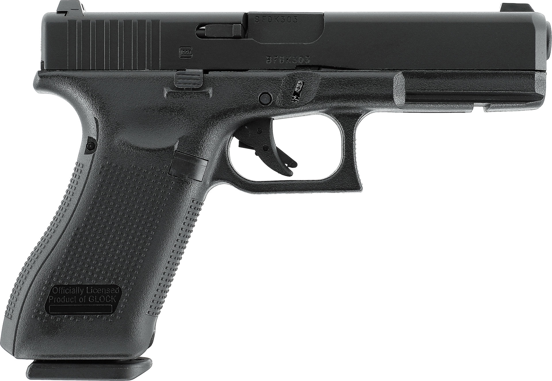 Schwarze Airsoft-Pistole, seitliche Ansicht, mit strukturiertem Griff und lizenzierter Glock-Markierung.