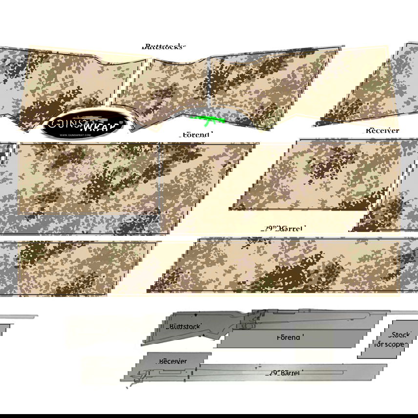 Tarnmuster-Folien für Gewehrteile: Schaft, Lauf und Vorderschaft im Digital-Camo-Design von GunsWrap.