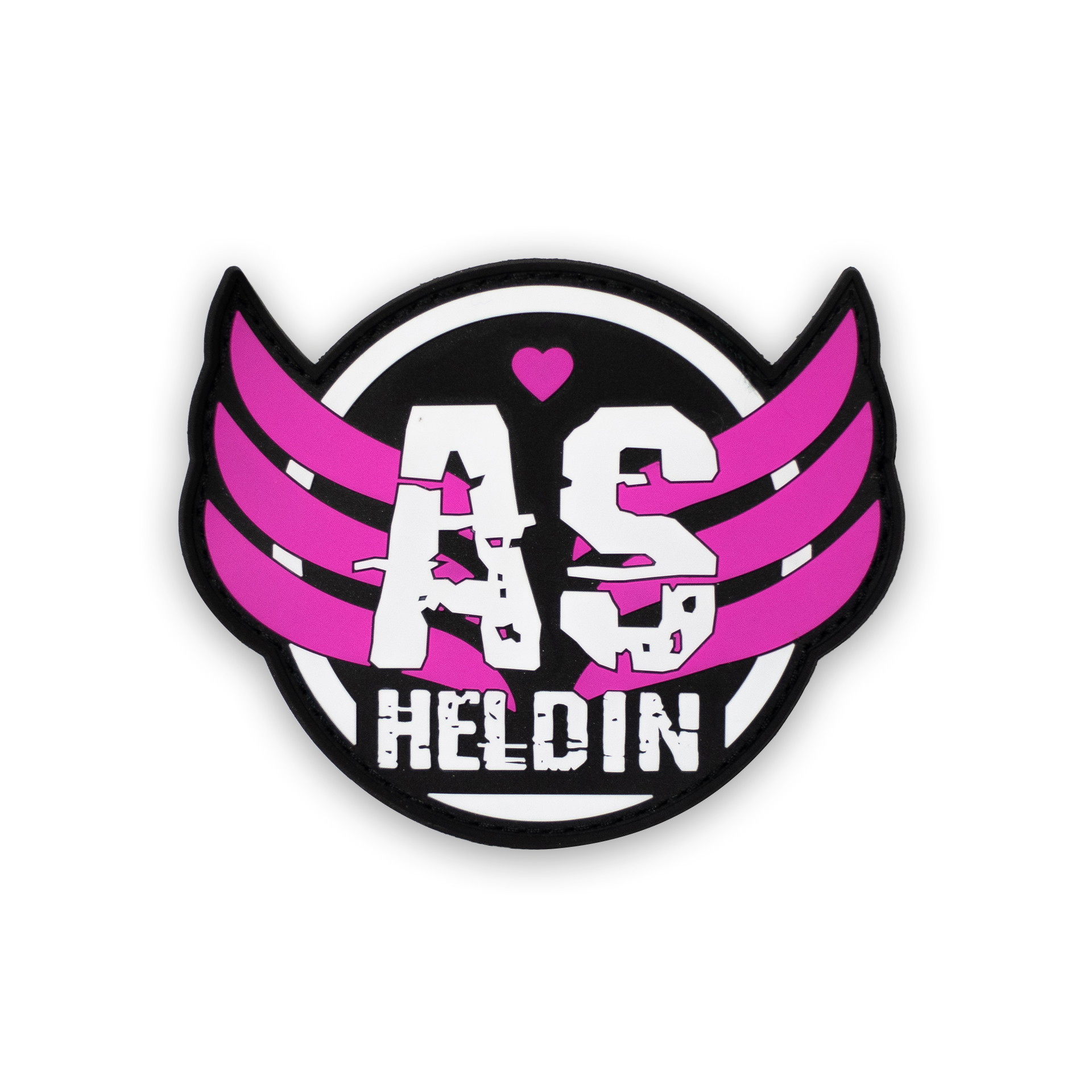 Rundes Airsoft-Patch mit "AS HELDIN", Flügeln und Herz in Schwarz, Weiß und Pink.