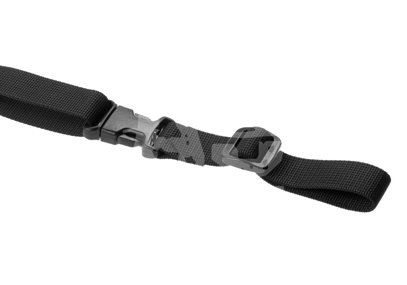 Schwarzer Airsoft-Gurt mit Schnalle und einstellbarem Verschluss.