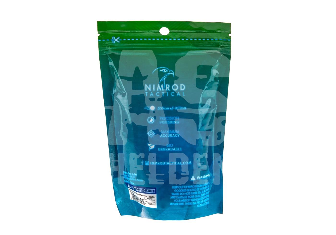 Grüne Verpackung von "Nimrod Tactical" für 5,95mm präzise, biologisch abbaubare Airsoft-BBs.