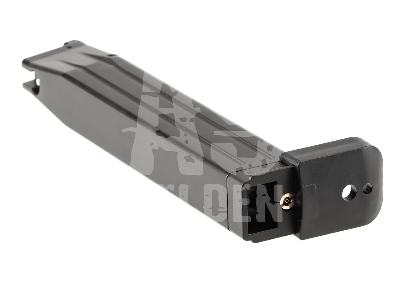 Schwarzes Airsoft-Magazin, schräg von der Seite mit Anschluss sichtbar.