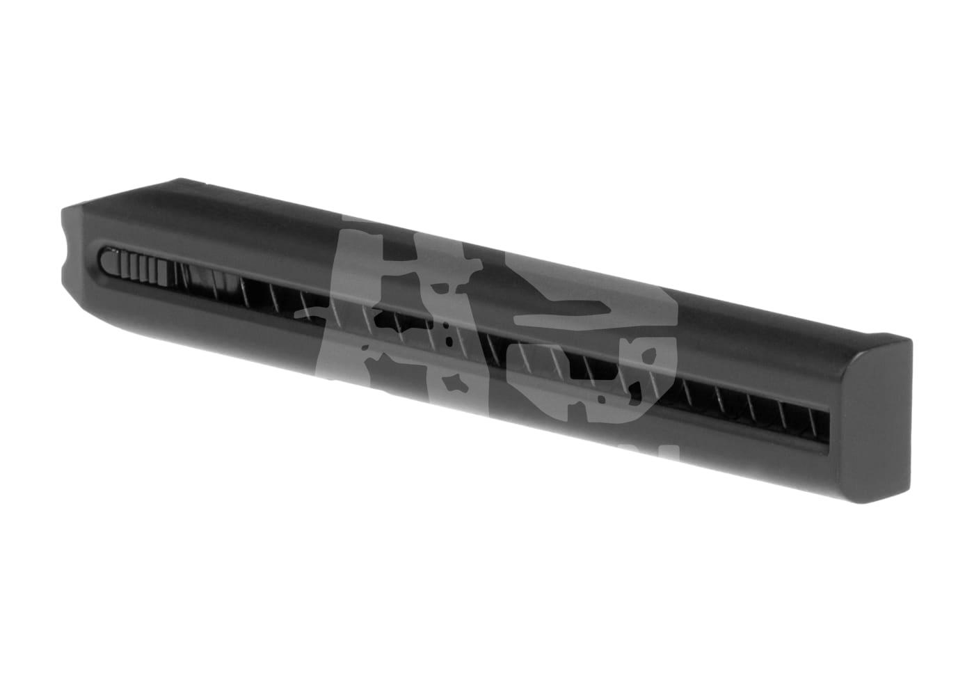 Schwarzes Airsoft-Magazin, rechteckige Form mit seitlichem Einzugsmechanismus. Ideal für Airsoft-Waffen.