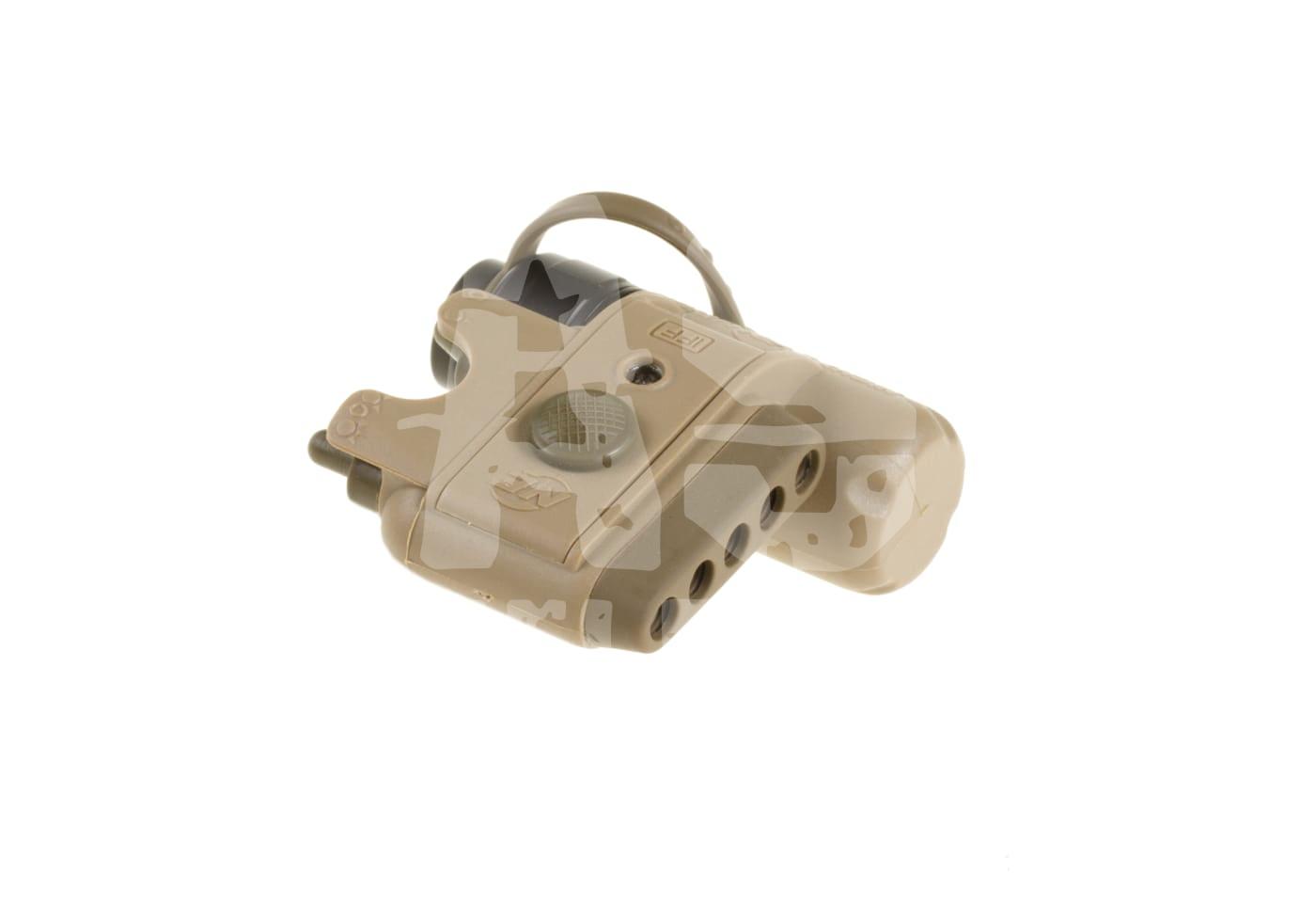 Taktisches Airsoft-Modul in Tan, mit Lasersystem und Steuerungsknöpfen. Ideal für Präzision und Zielerfassung.