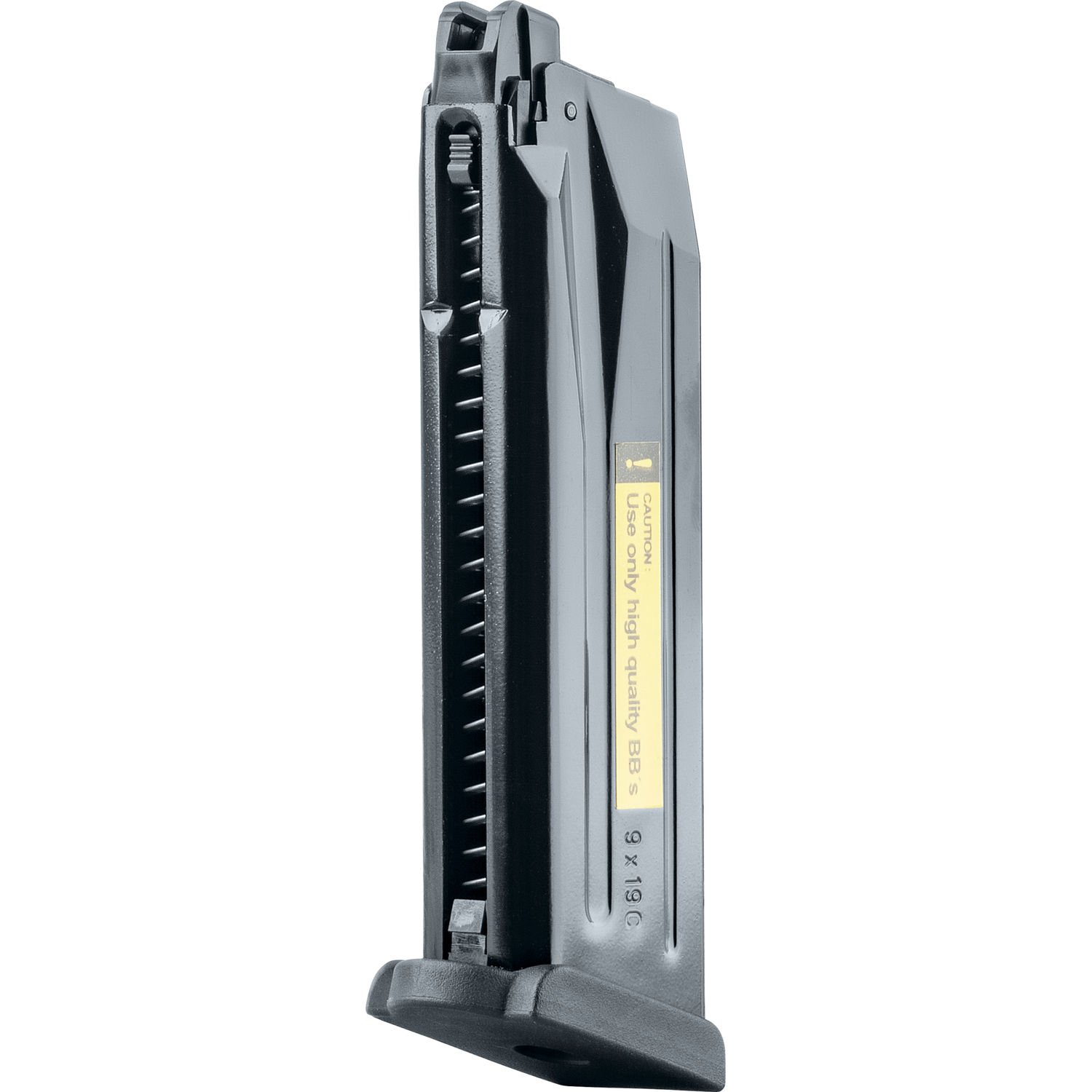 Airsoft 9x19 Magazin, schwarz, vertikal, Detailansicht der BB-Ladewarnung.