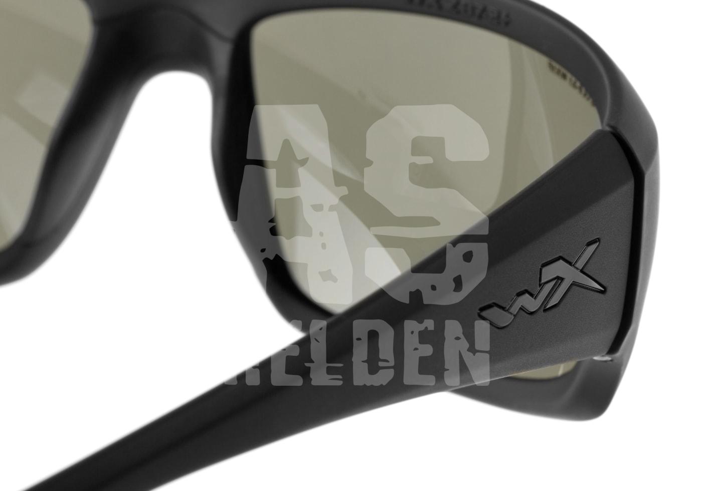 Schwarze Schutzbrille mit grün getönten Gläsern, seitlich das WX-Logo erkennbar.