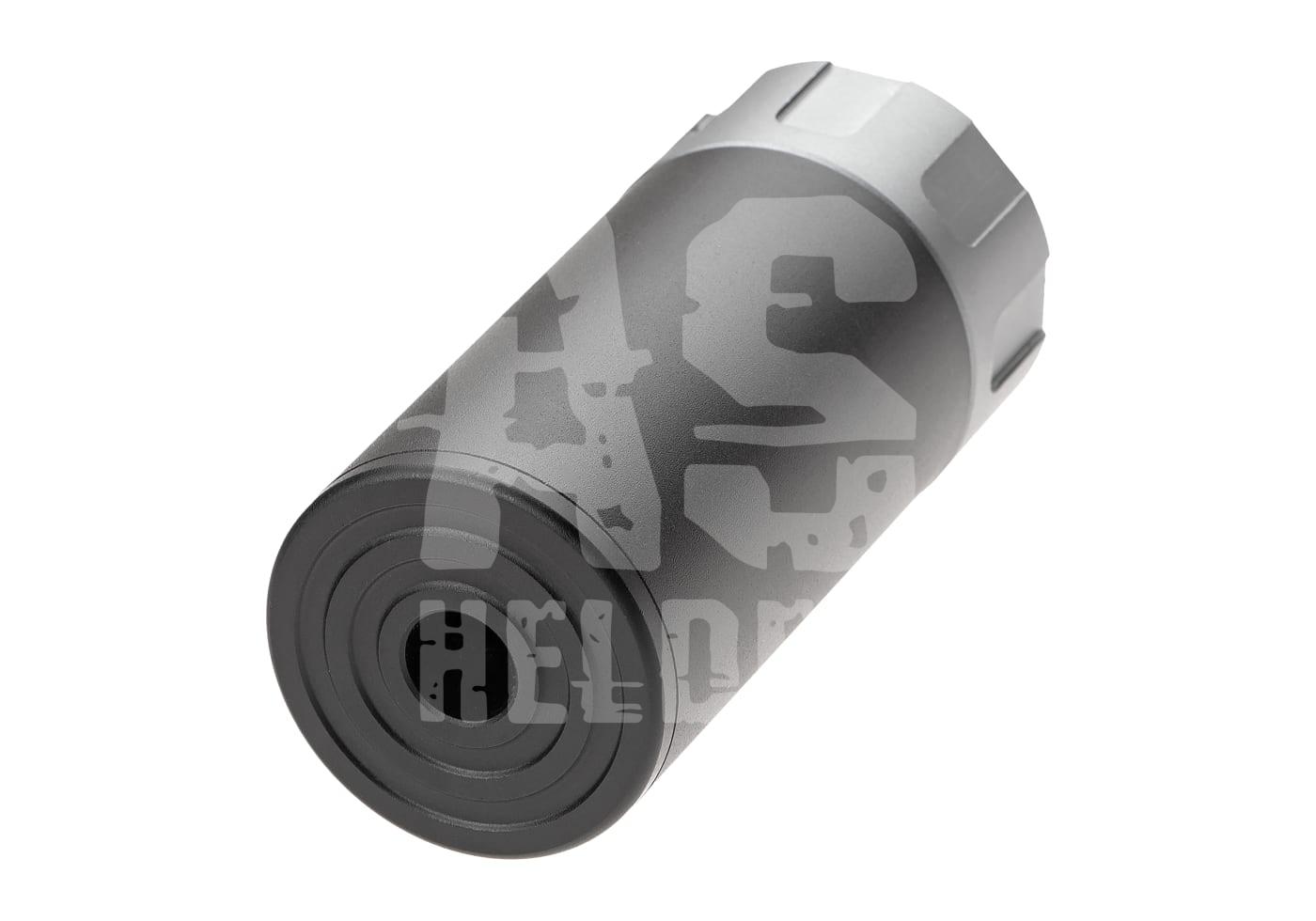 Grauer Airsoft-Schalldämpfer mit runder Form und AS Helden Logo.