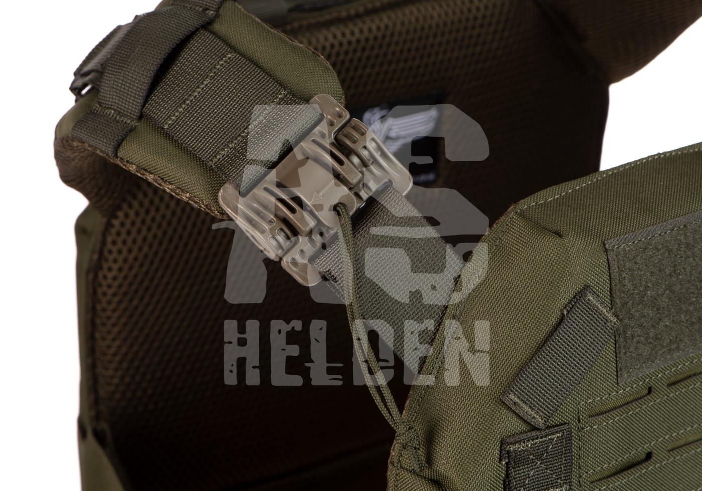 Reaper QRB Plate Carrier Grüner Airsoft-Taktikweste Schulterriemen mit Schnalle, Nahaufnahme.