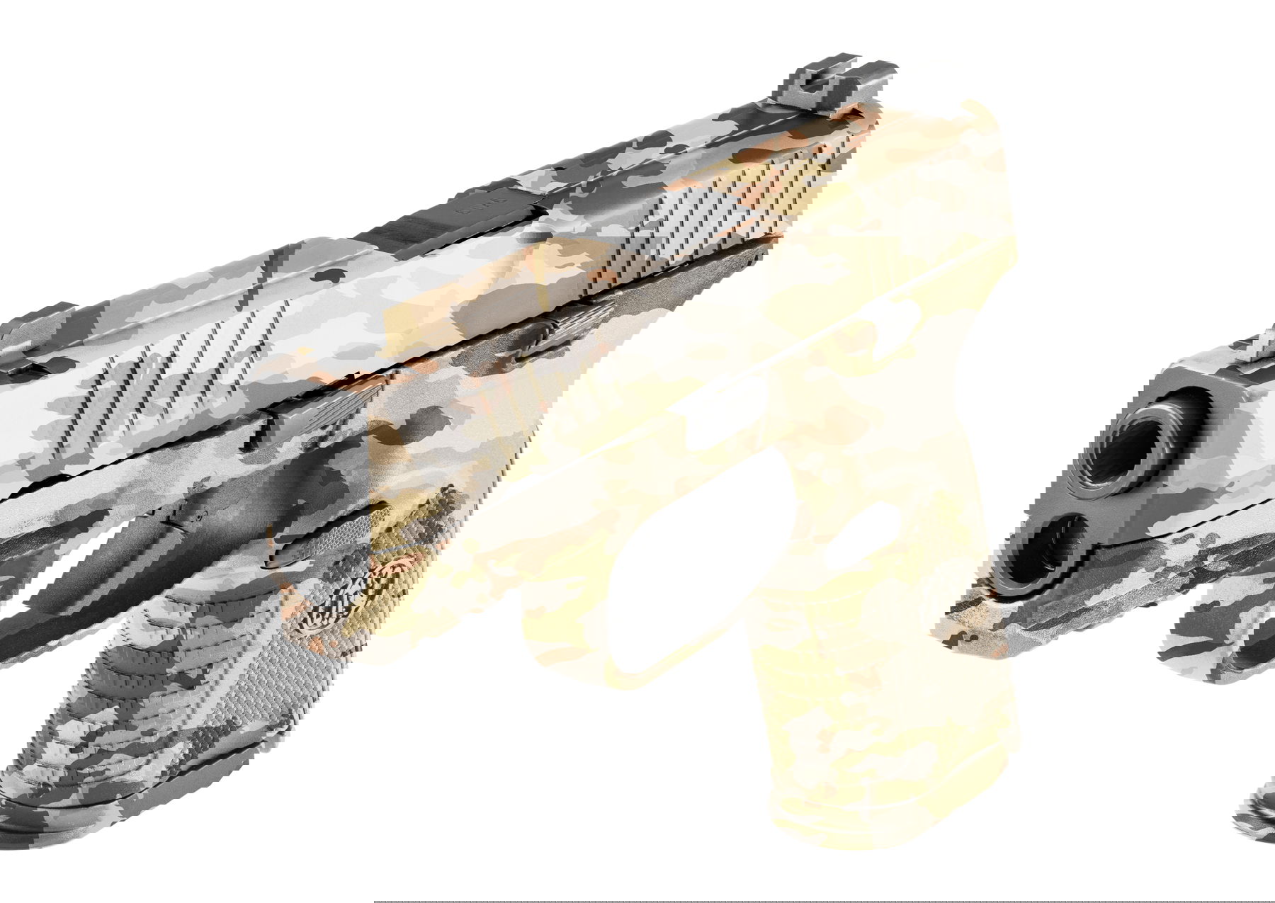 Tarnmuster-Pistole in Coyote-Muster, Seitenansicht, geeignet für Airsoft-Spiele.