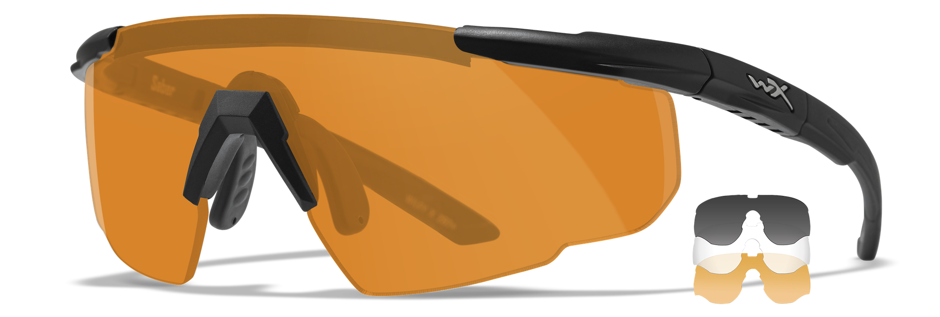 Sonnenbrille mit orangefarbenen Gläsern und schwarzen Bügeln, inkl. austauschbare Gläser.