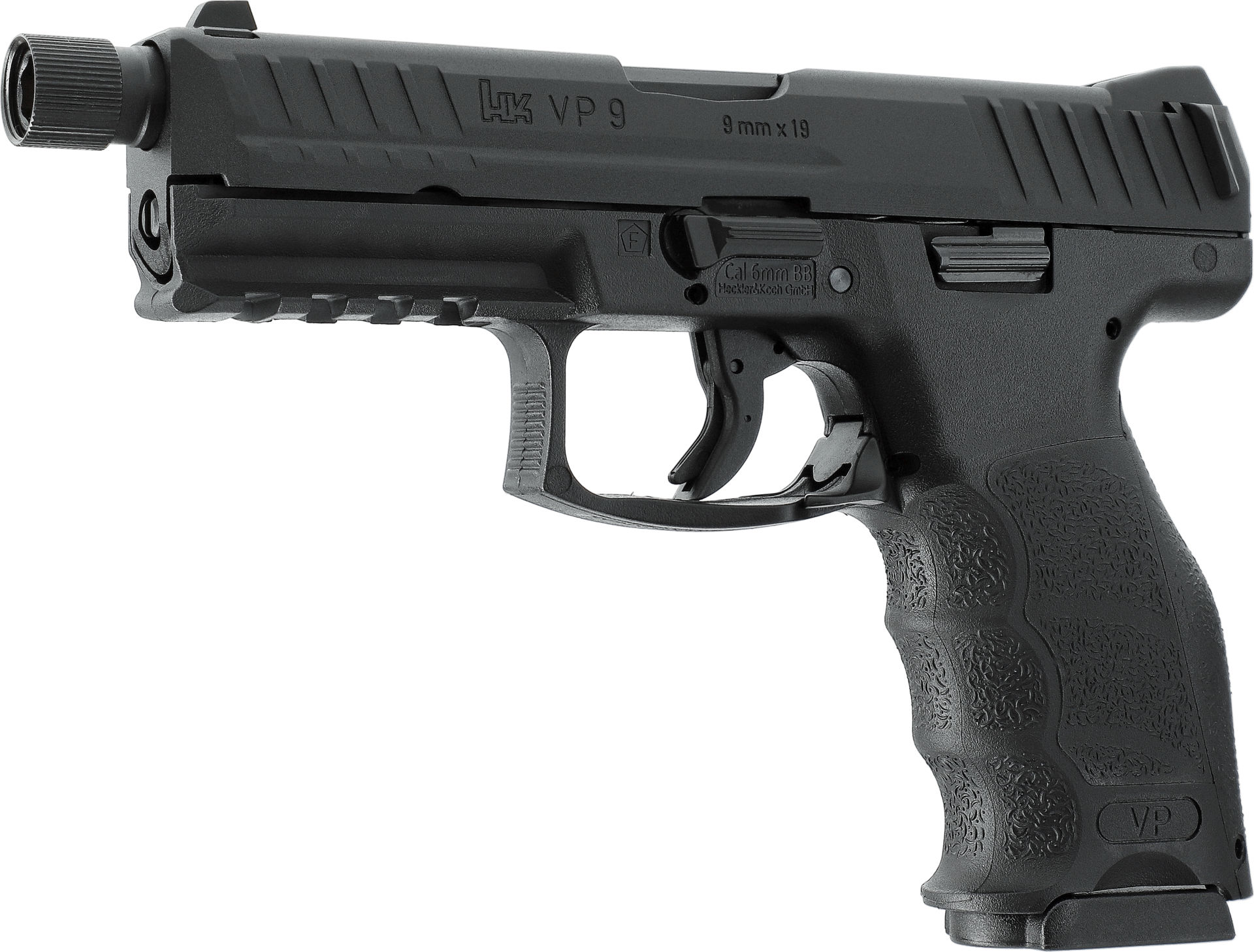 Schwarze Airsoft-Pistole, Modell HK VP9, mit strukturiertem Griff und Schlitten.