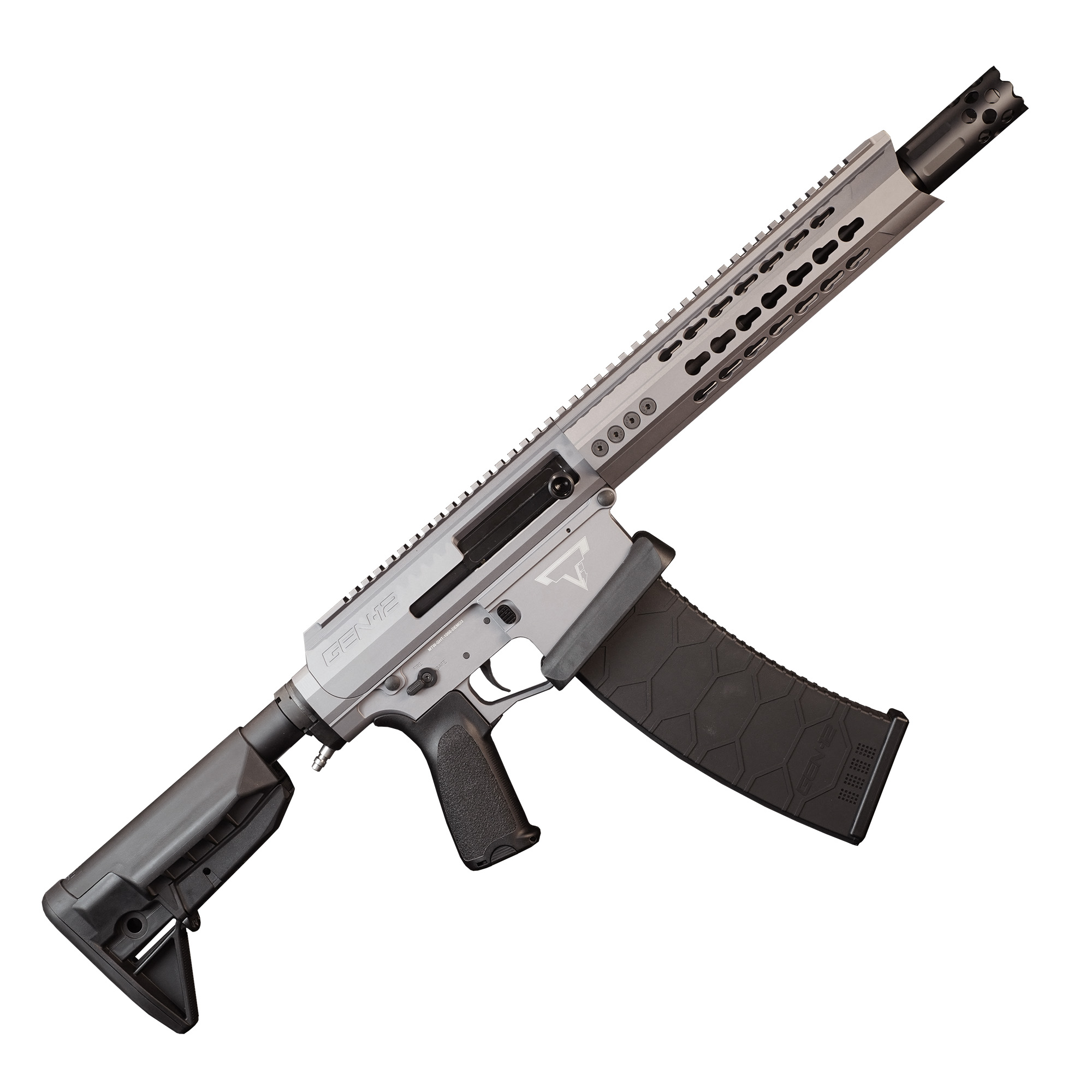 Airsoftgewehr mit grauem Gehäuse, verstellbarem Schaft und taktischer Schiene.