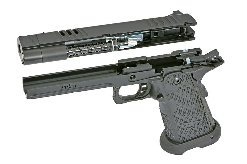 Zerlegte Airsoft-Pistole mit Schlitten und Griffstück, schwarz, seitlich gezeigt.