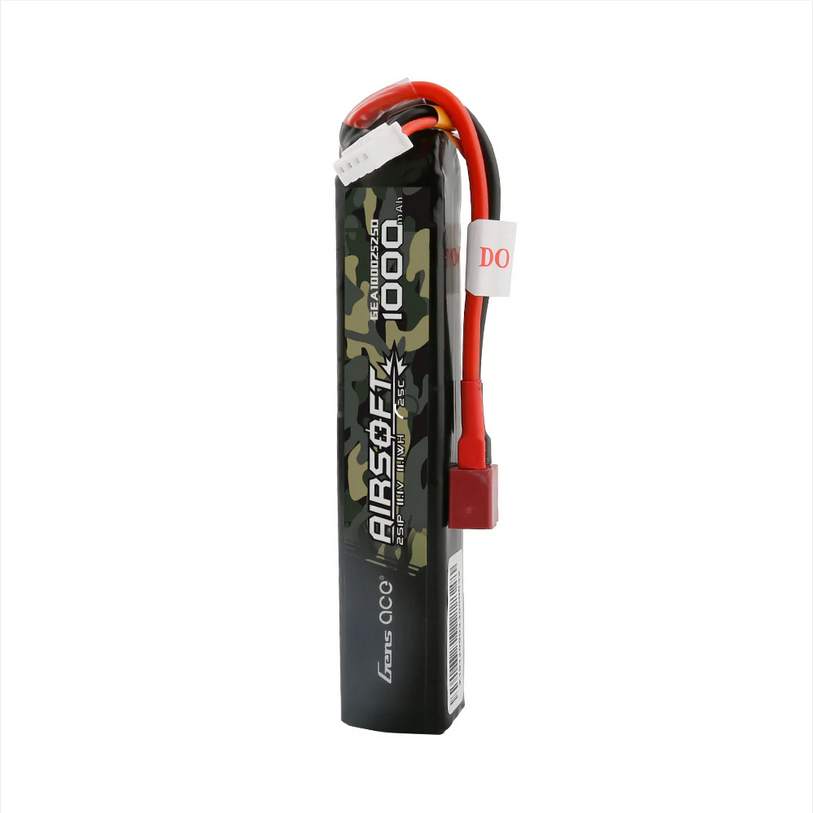 Airsoft 1000mAh LiPo-Akku, Tarnmuster, mit Anschlusskabel und Steckverbindung.