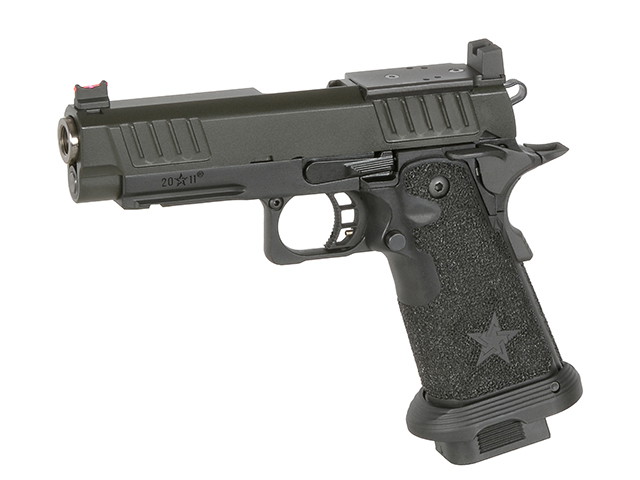 Airsoft-Pistole, schwarz, modernes Design, strukturierter Griff, Stern-Emblem, rote Visierung. Ideal für taktische Spiele.