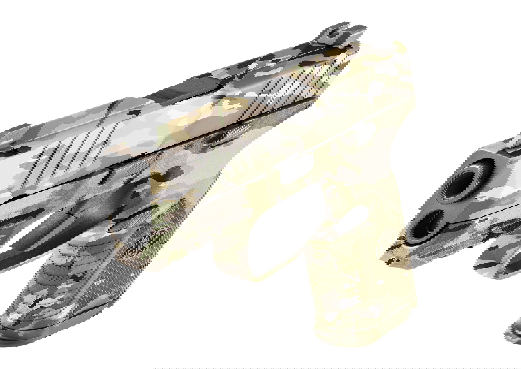 Tarnfarbene Airsoft-Pistole mit modernem Design und kompaktem Griff.