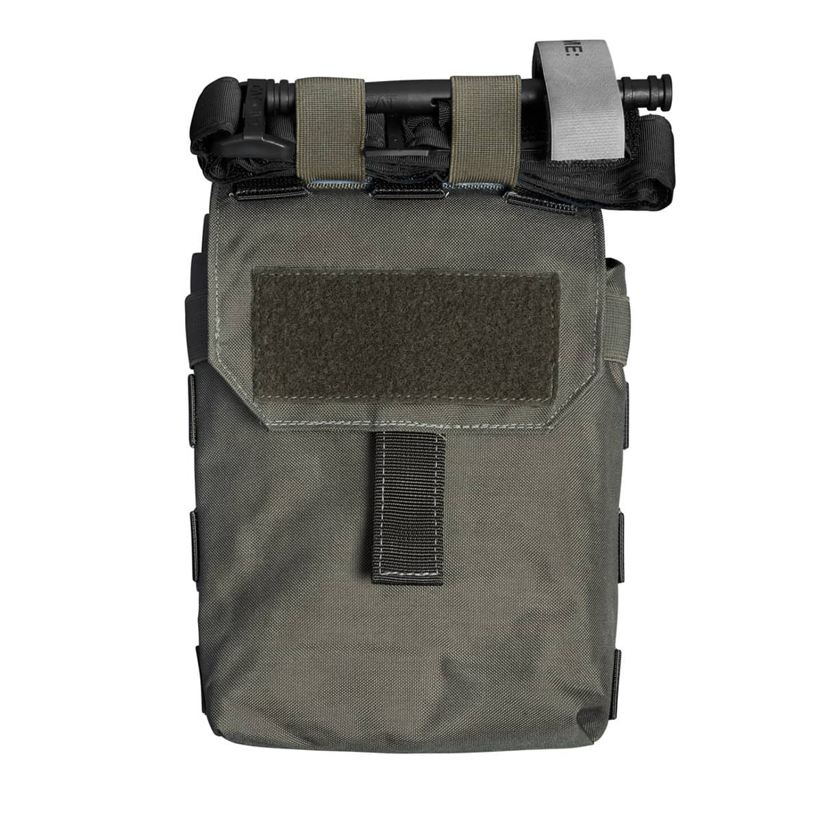 Olivegrüne taktische Tasche mit Klettfläche und Riemenverschluss für Airsoft-Zubehör.