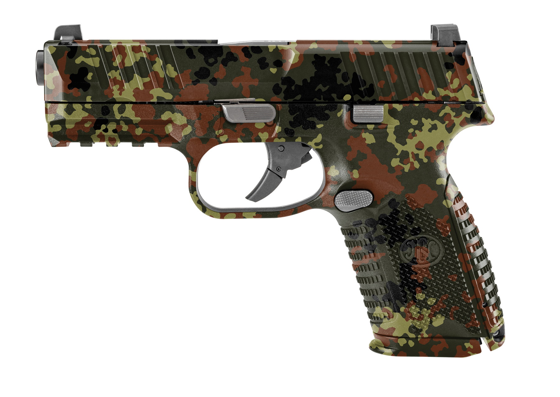 Tarnfarbene Airsoft-Pistole, seitliche Ansicht, modernes Design.