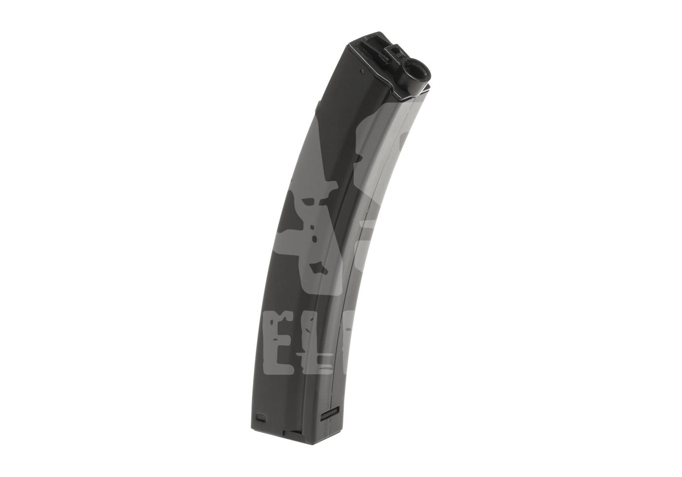 Schwarzes Airsoft-Magazin mit gebogener Form, ideal für Softair-Spielzeugwaffen.
