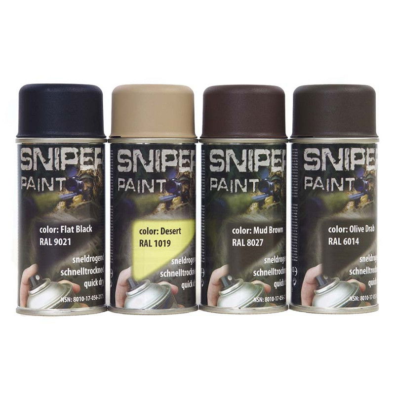 Vier Spraydosen Sniper Paint in den Farben Schwarz, Wüste, Braun und Oliv, ideal für Airsoft-Tarnung.