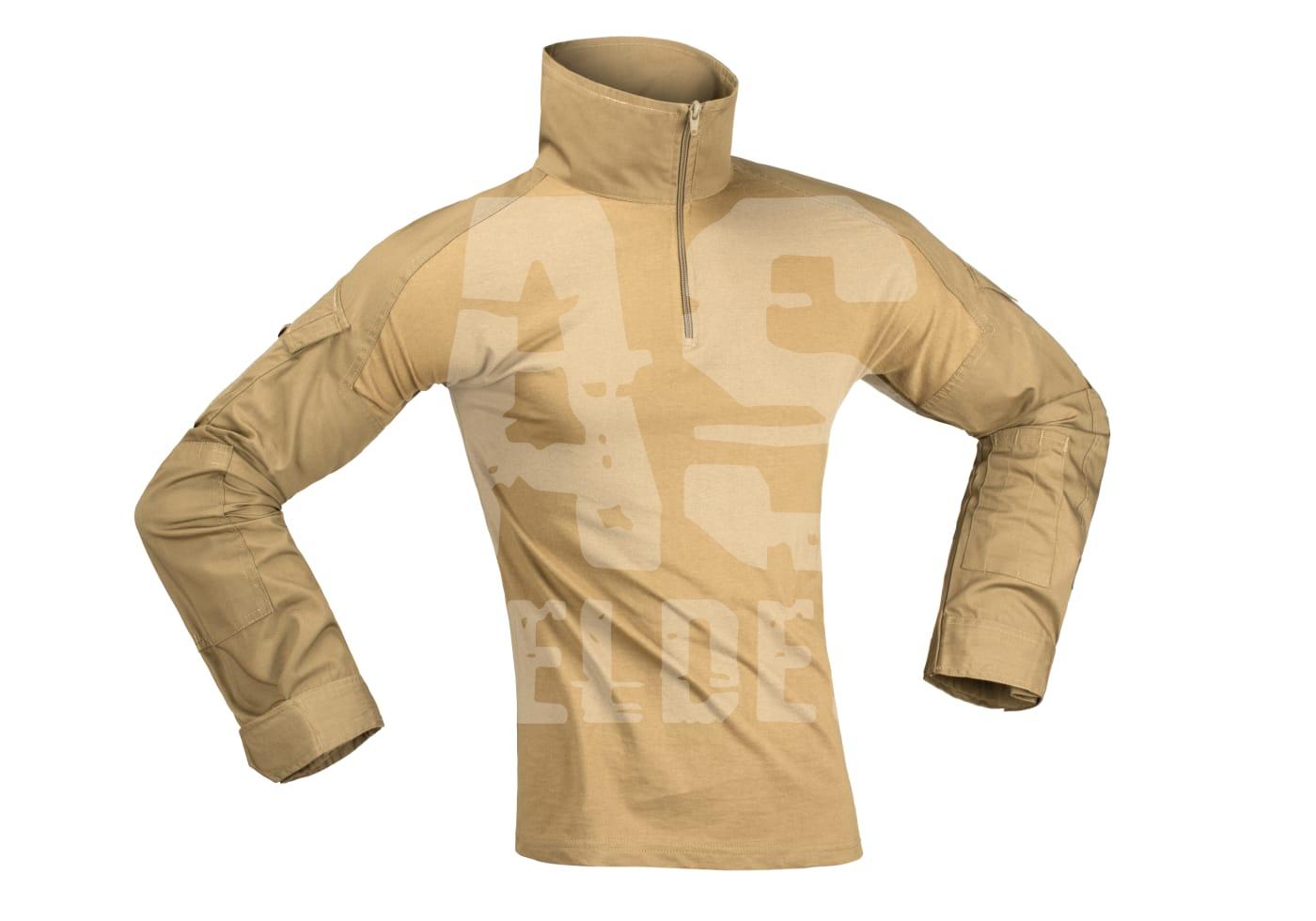 Camouflage-Combat-Shirt in Beige mit Reißverschlusskragen, ideal für Airsoft-Aktivitäten.