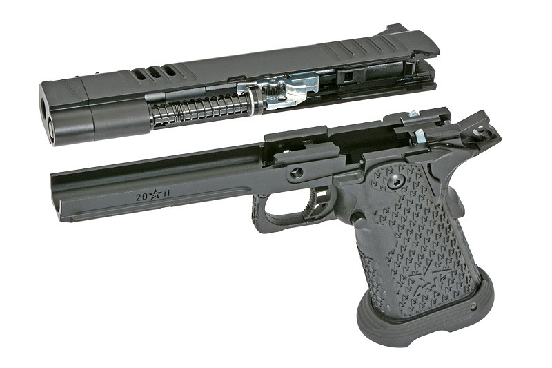 Zerlegte Airsoft-Pistole mit Schlitten und Griffstück, schwarz, seitlich gezeigt.
