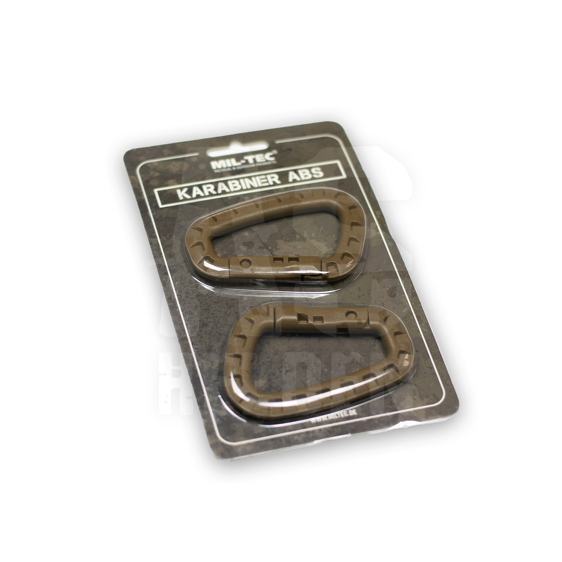 Zwei braune Karabiner aus ABS im Blisterpack von Mil-Tec für Airsoft-Ausrüstung.