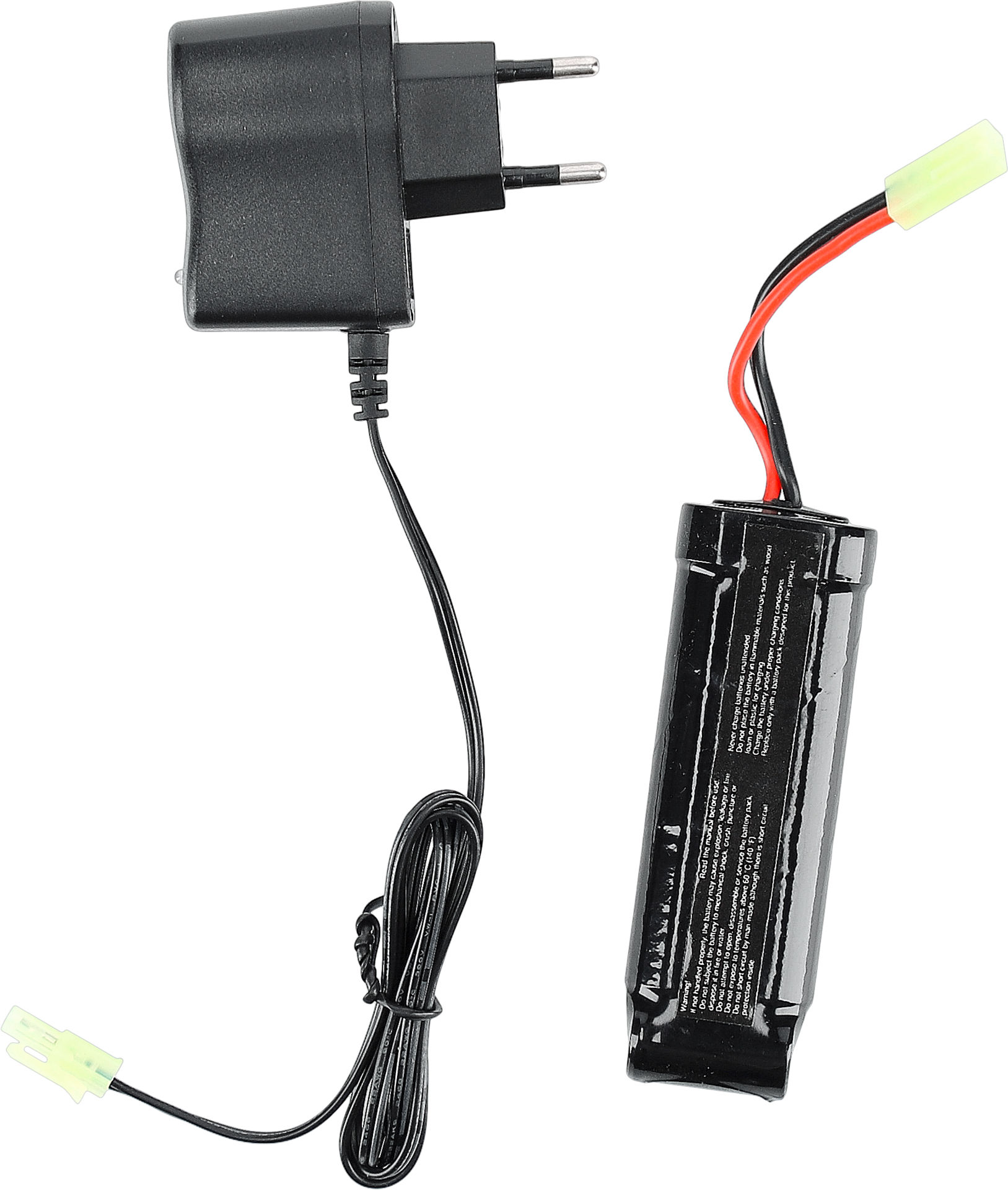 Airsoft Ladegerät mit schwarzem Akku, verbunden durch Kabel mit gelbem Stecker.