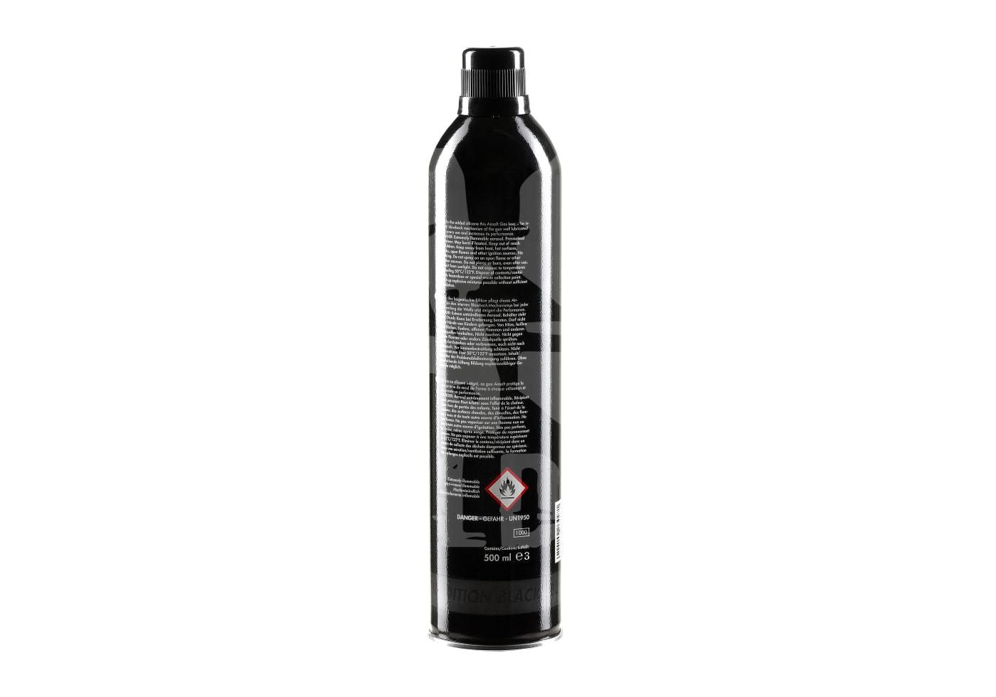Schwarze Gasflasche für Airsoft mit Warnsymbolen und Text in Weiß, 500 ml.