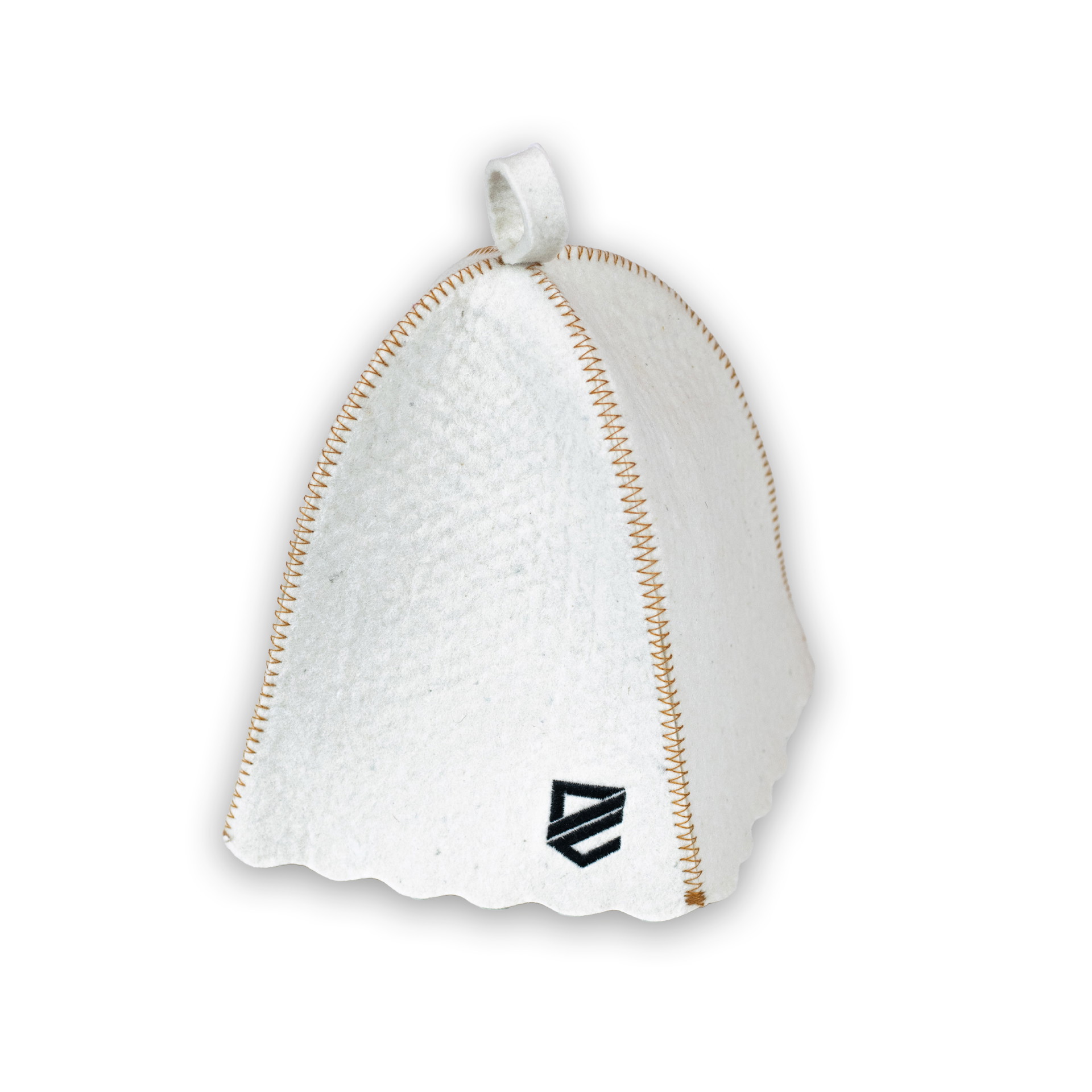 Weiße, filzartige Glockenhaube mit Ziernaht und Aufhängeschlaufe, schwarzes Sticklogo unten.