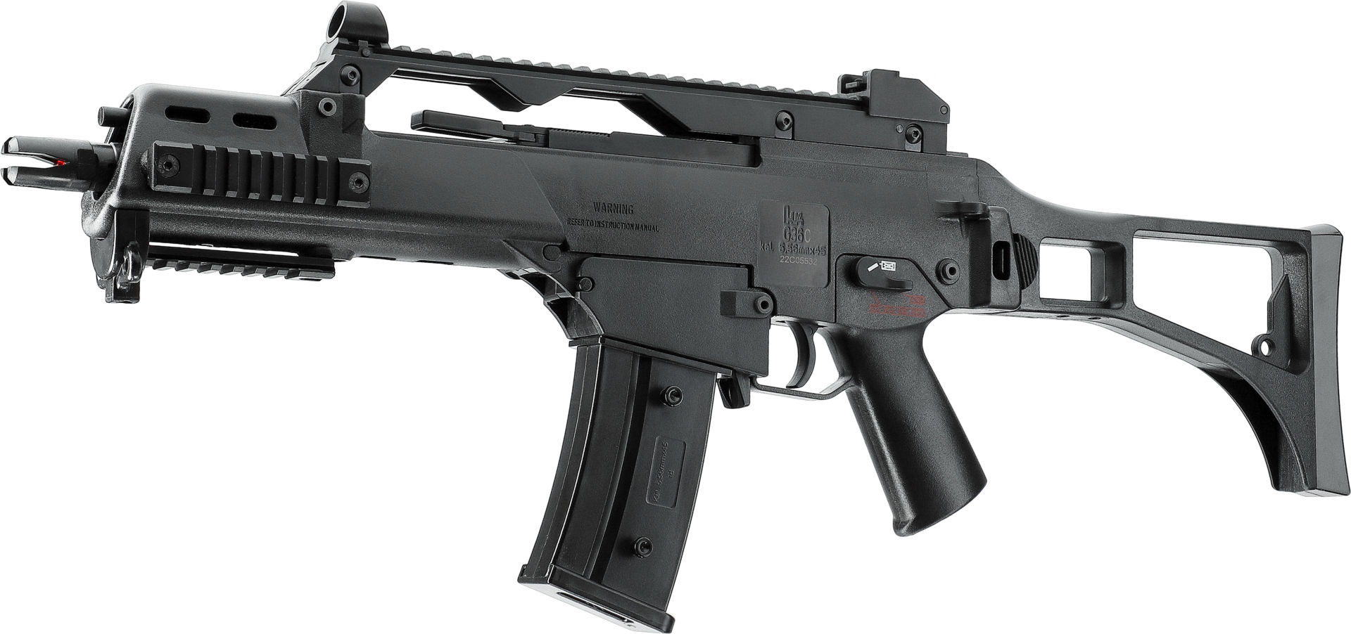 Schwarzes Airsoft-Gewehr mit Schaft und Magazin, kompakte Größe, modernes Design.