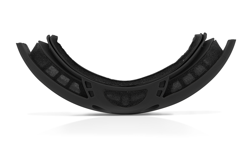 Schwarzes, gebogenes Kunststoffteil mit Polstern, auf weißem Hintergrund.