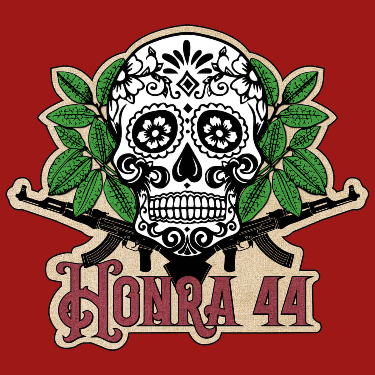 Totenkopf mit Blumenverzierungen, gekreuzten Gewehren und dem Schriftzug "Honra 44" auf rotem Hintergrund.