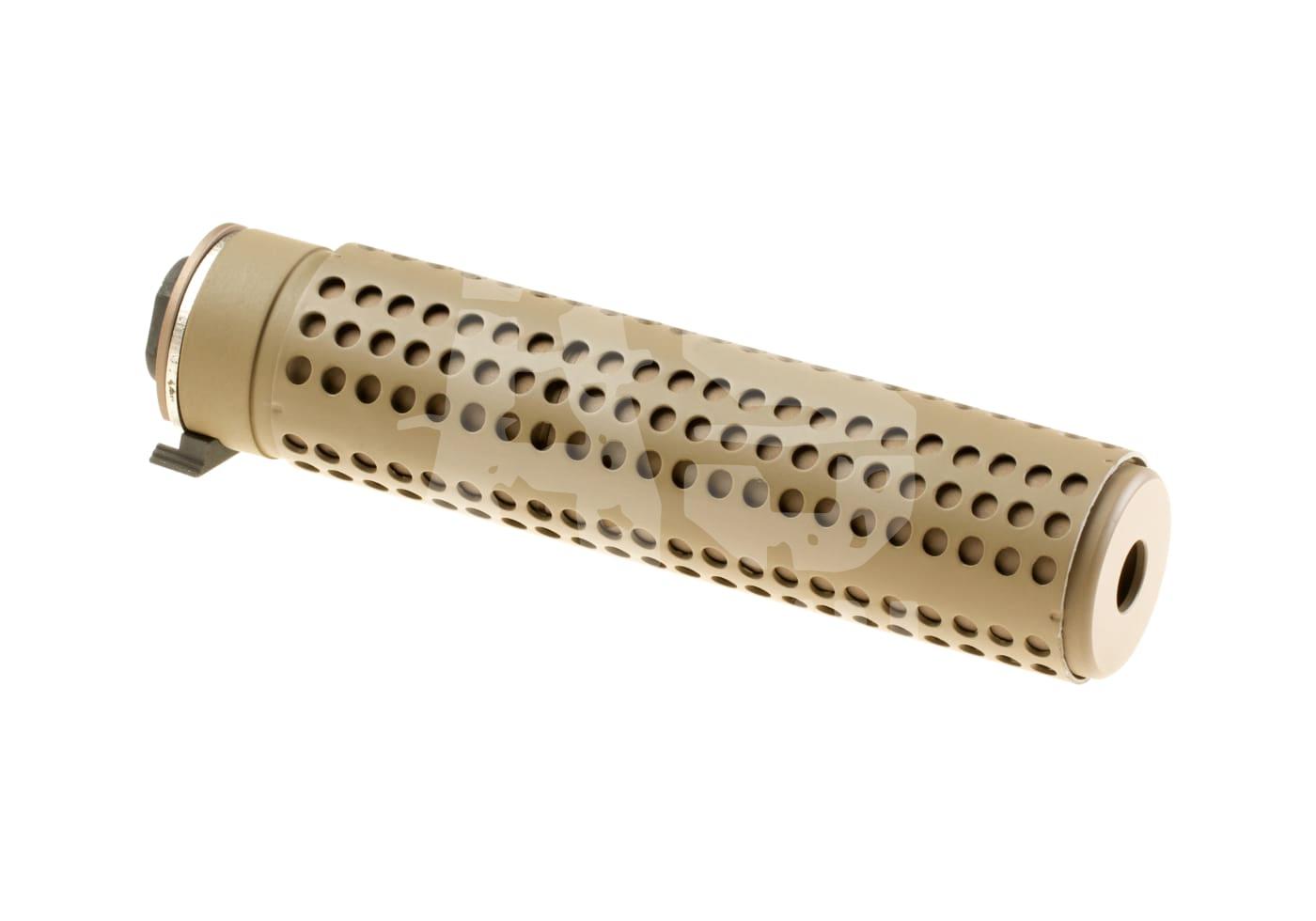 Tanfarbener Airsoft-Suppressor mit perforiertem Design, seitliche Halterung.