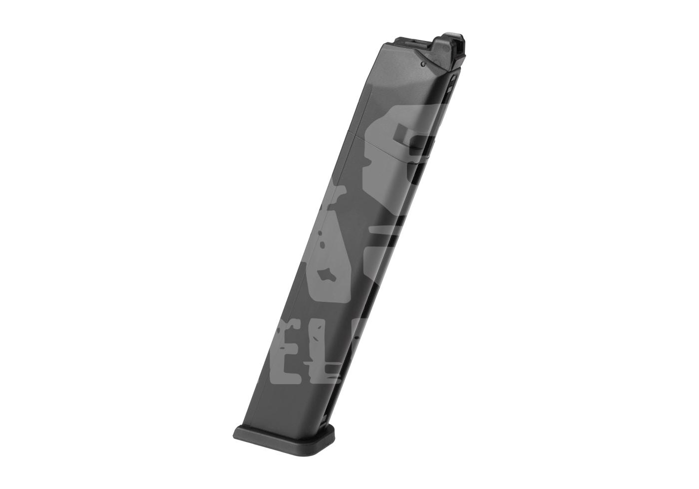 Schwarzes Airsoft-Magazin im schrägen Winkel, modern und schlichtes Design.