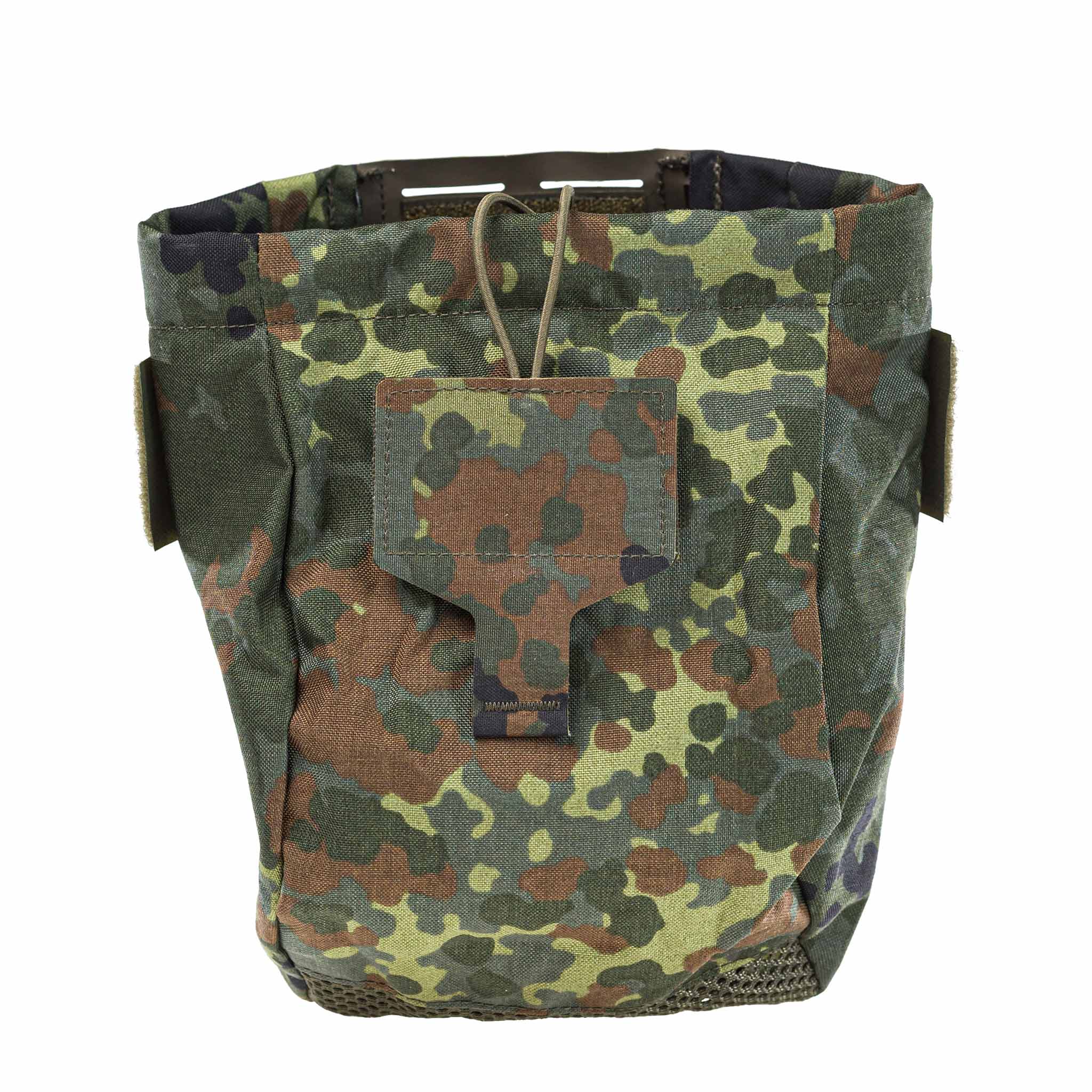 Tarnmuster-Dump Pouch für Airsoft-Zubehör, grün-braun, mit Laschen und Klettverschluss.