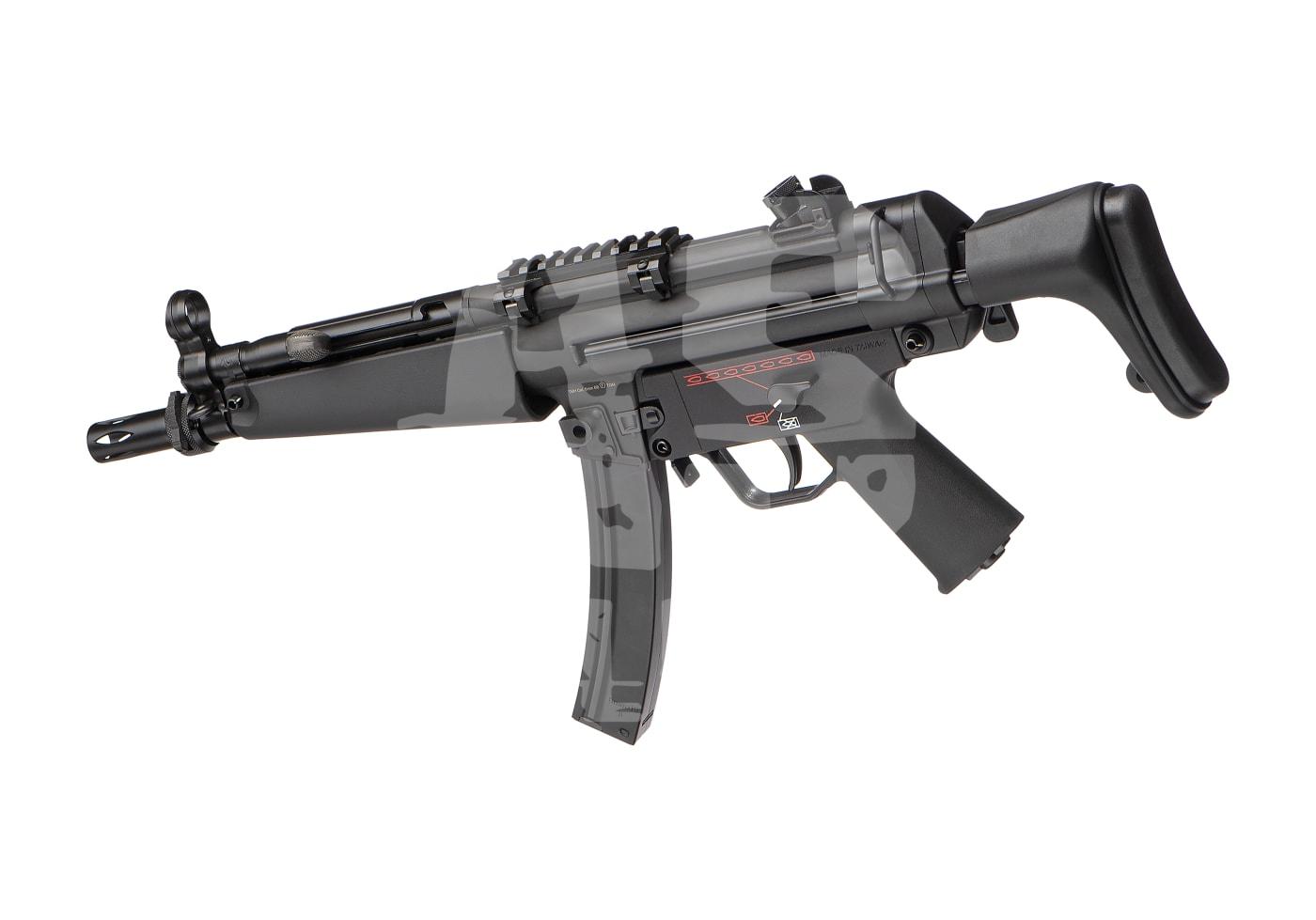 G&G TGM A3 RTS E.T.U. S-AEG - ab 18 Jahren Schwarzes Airsoft-AEG-Gewehr mit klappbarem Schaft und rotem Feuerwahlhebel. Ideal für Airsoft-Spiele.