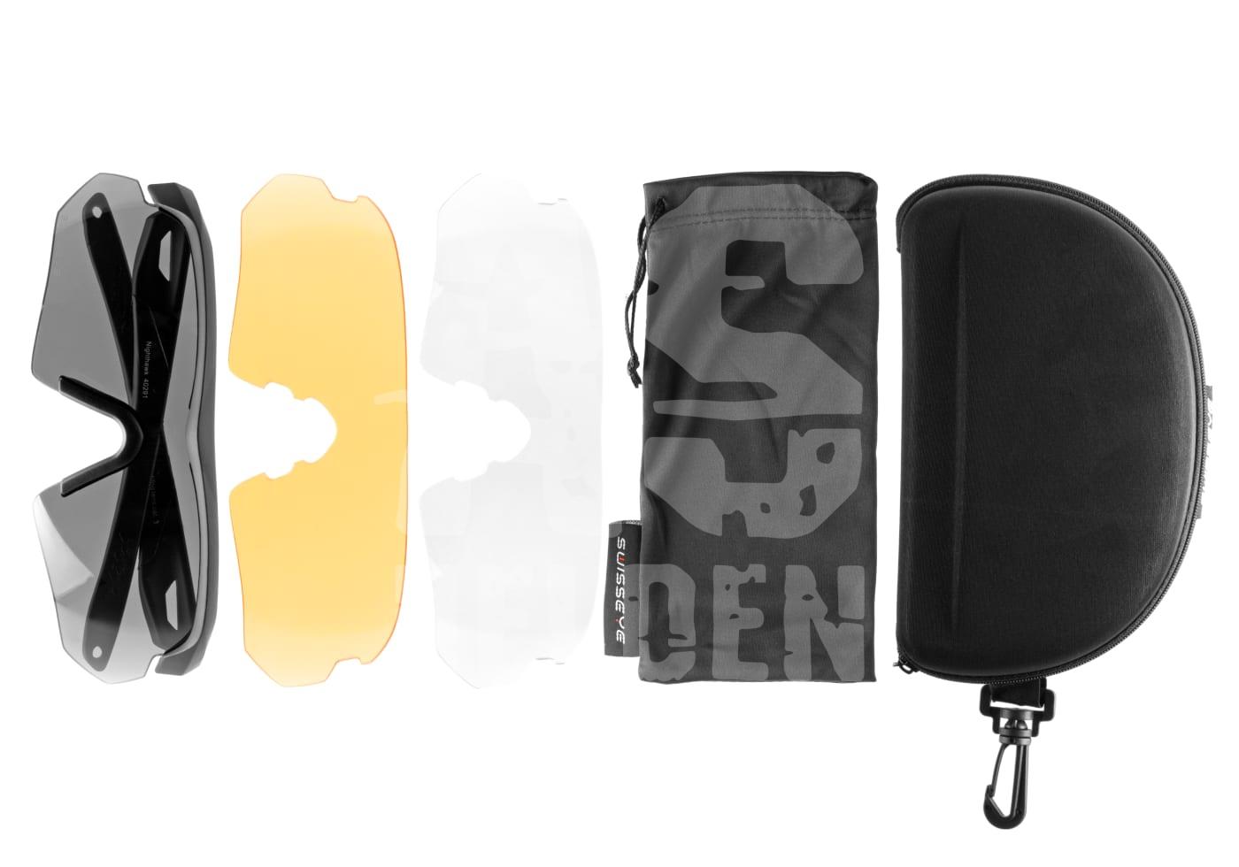 Airsoft-Schutzbrille mit gelbem, klarem Visier, Tasche und Etui.
