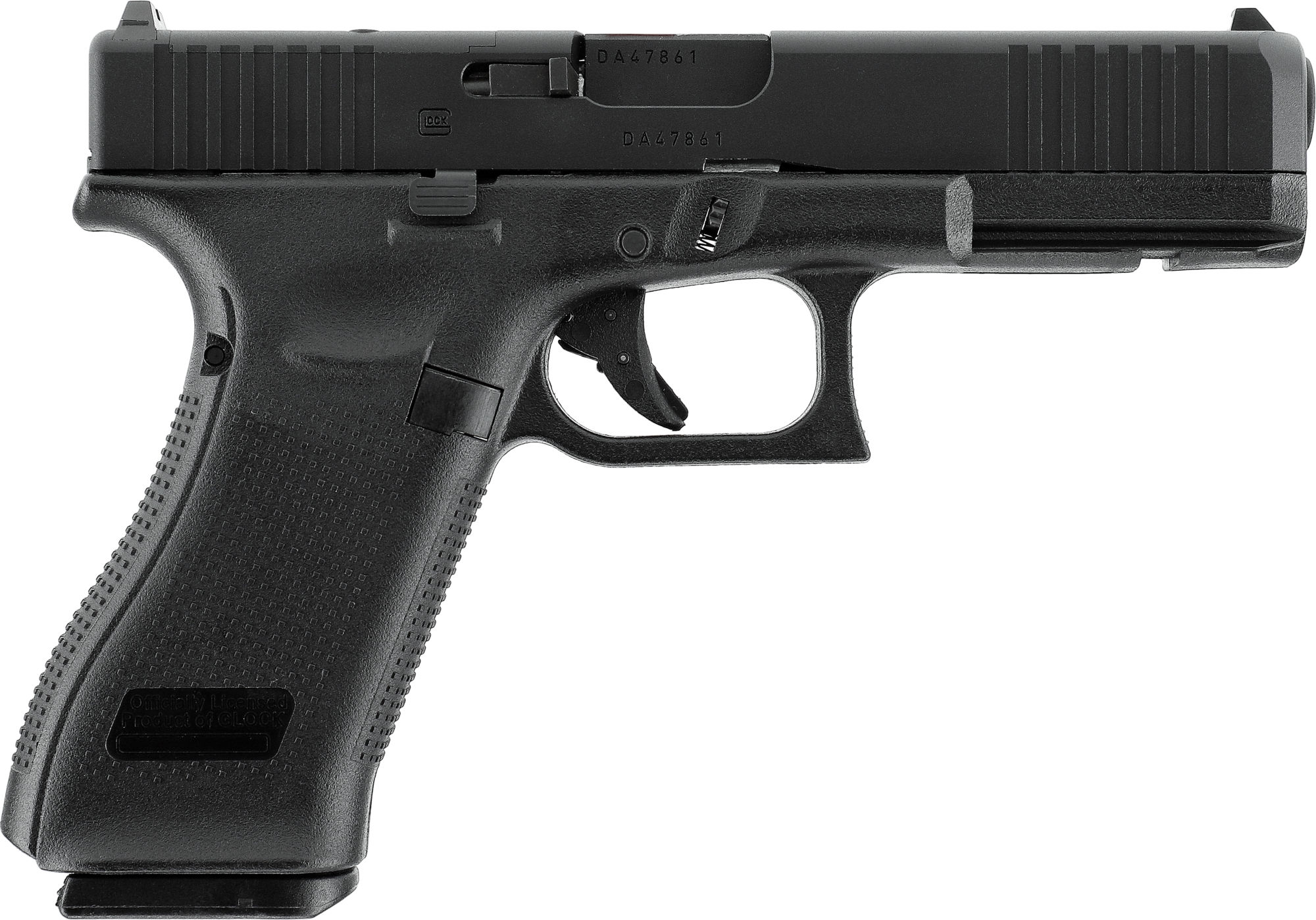Schwarze Airsoft-Pistole, seitliche Ansicht, kompakt, modernes Design.