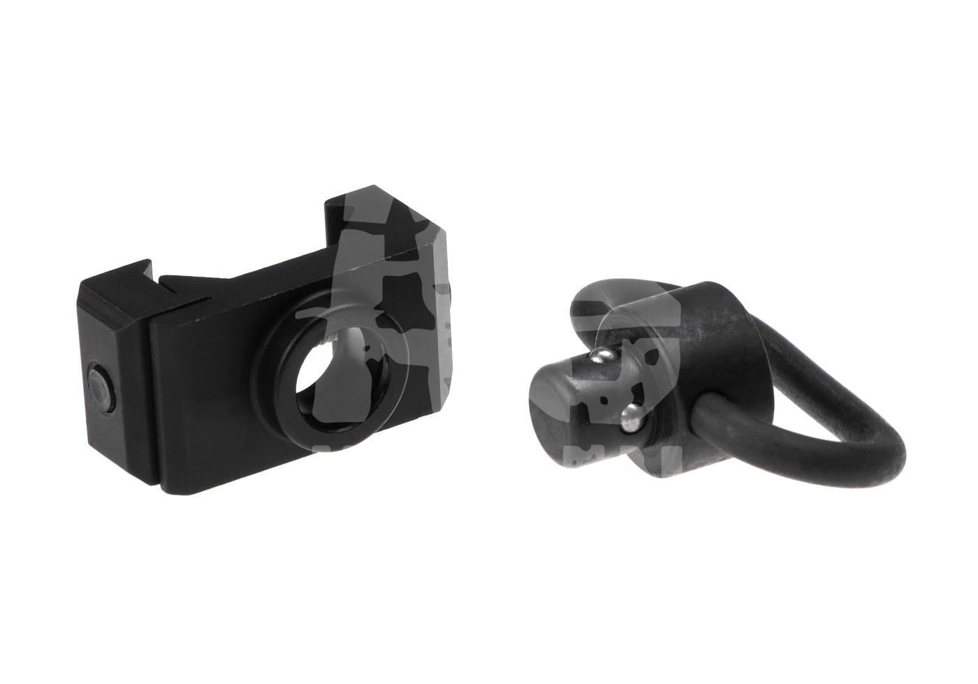 Schwarzes Sling-Mount-Set aus Metall für Airsoft-Waffen mit Adapter und Schnellverschluss.