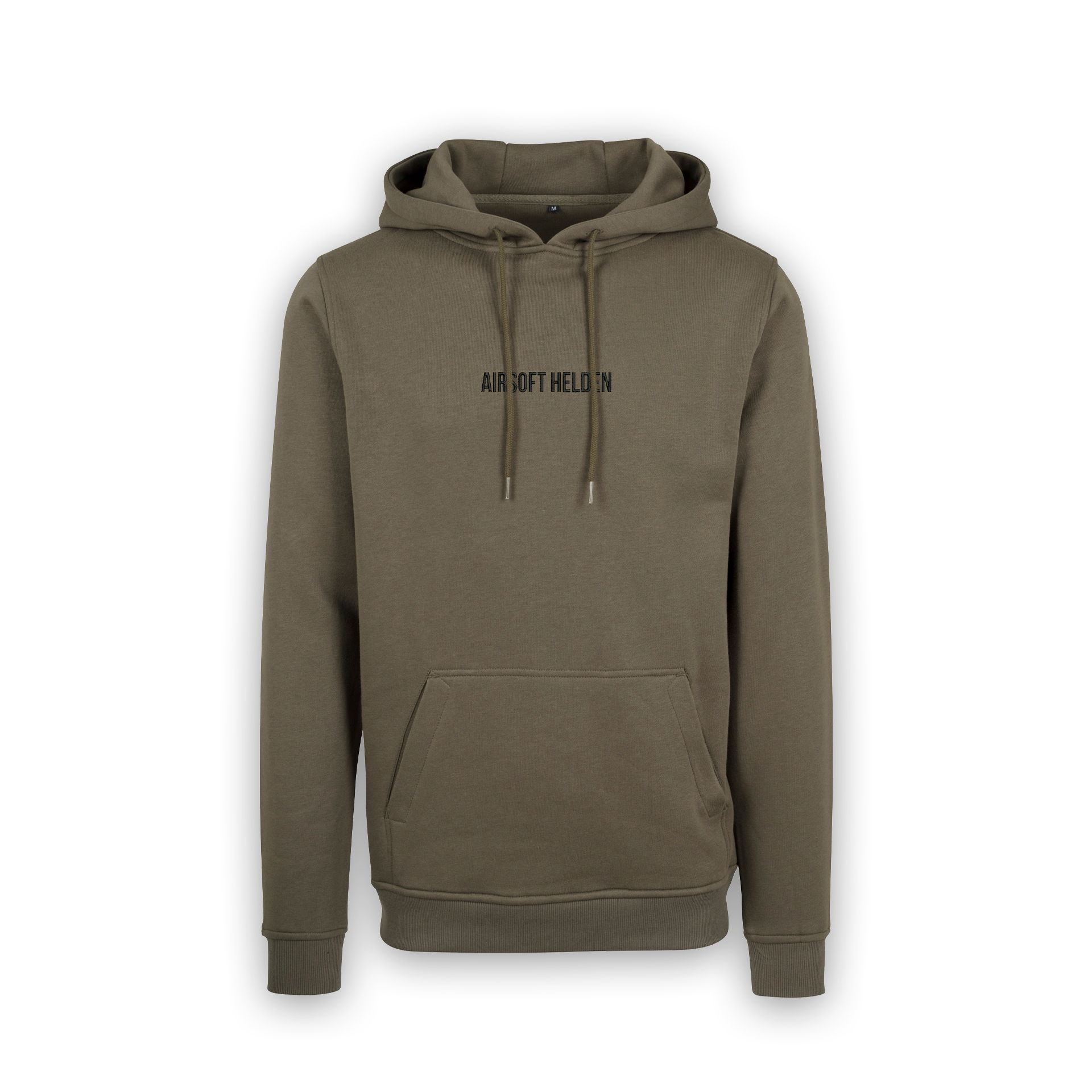 Olivgrüner Hoodie mit "Airsoft Helden" Aufdruck und Kängurutasche.