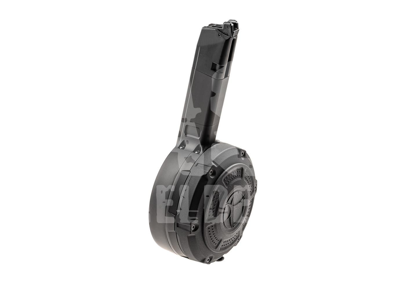 Drum-Magazin für Airsoft-Waffen, schwarz, seitliche Ansicht, auf weißem Hintergrund.