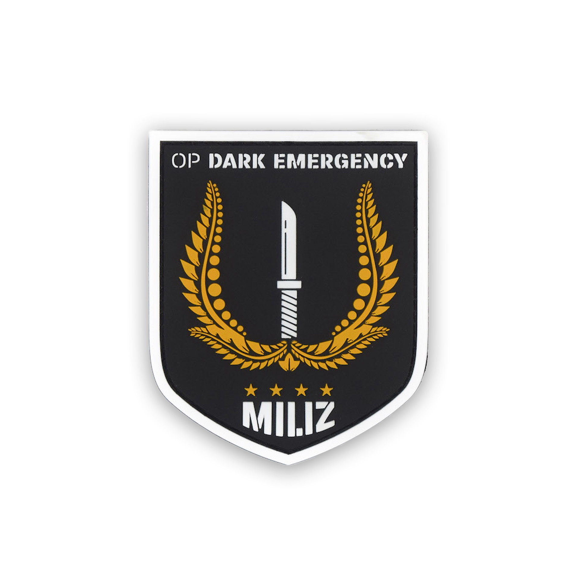 Schwarzes Abzeichen "OP Dark Emergency" mit Dolch und Lorbeerkranz, Schriftzug "MILIZ" unten.