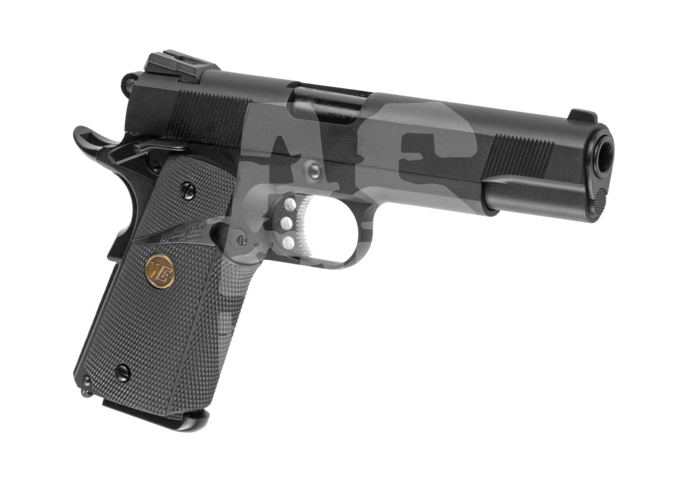 Schwarze Airsoft-Pistole mit strukturierter Griffschale und goldenem Logo an der Seite.