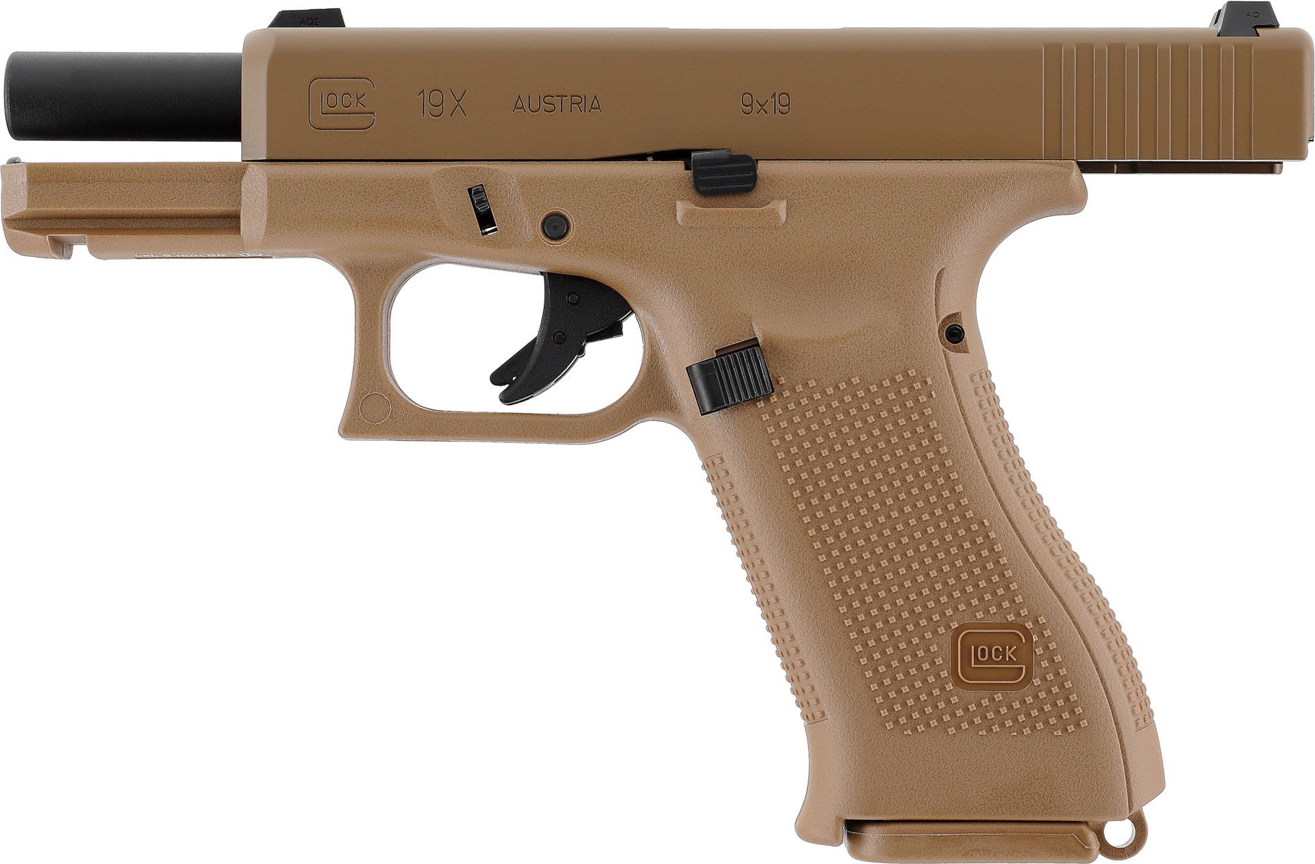 Glock 19X in Coyote-Tan, Pistole im Kaliber 9x19mm, seitliche Ansicht, ideal für Airsoft-Enthusiasten.