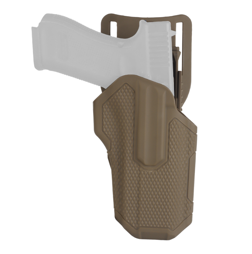 Taktisches Holster in Coyote-Braun mit strukturiertem Design. Ideal für Airsoft-Pistolen.