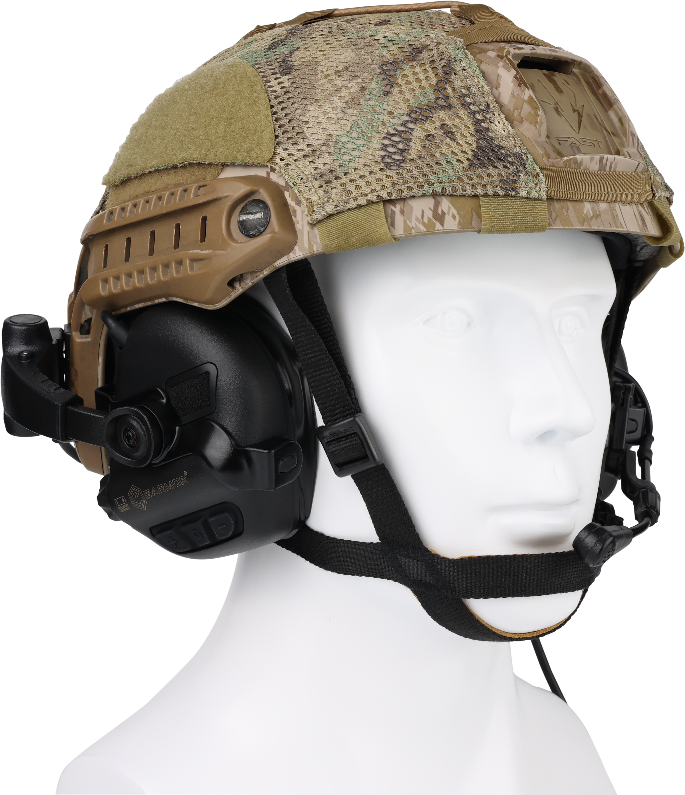 Earmor™ M32X Plus Headset für Fast / ARC Systeme Taktischer Helm mit Tarnmuster und integriertem Gehörschutz für Airsoft.