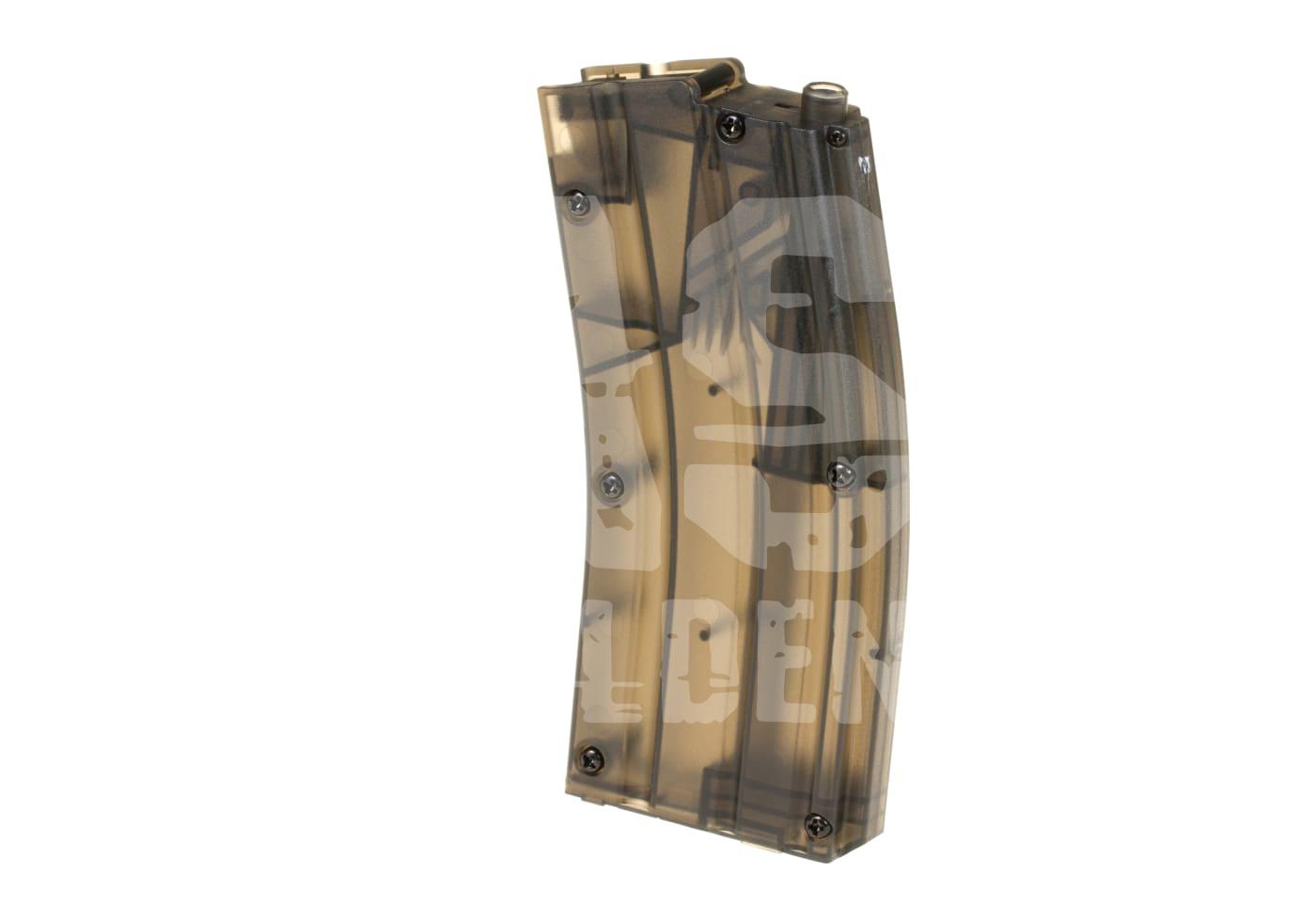 Transparenter Airsoft-Magazin mit Tarnmuster, seitlich dargestellt.